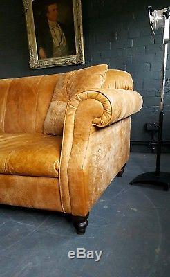 1012. Chesterfield Leather vintage & distressed 3/4 Seater Sofa Light tan Courier