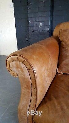 1012. Chesterfield Leather vintage & distressed 3/4 Seater Sofa Light tan Courier
