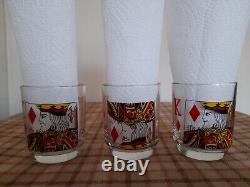 12 Kings Glass Tumblers & Jolly Joker Ice Bucket Set Vintage Poker Night Set