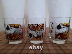 12 Kings Glass Tumblers & Jolly Joker Ice Bucket Set Vintage Poker Night Set