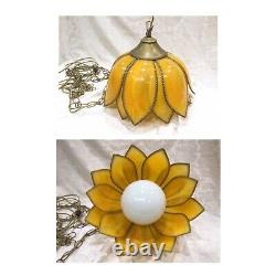 14 Retro Vintage Tulip Flower Petal Hanging Swag Lamp Faux Stained Glass Yellow