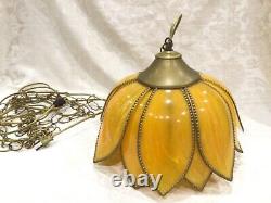 14 Retro Vintage Tulip Flower Petal Hanging Swag Lamp Faux Stained Glass Yellow