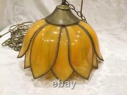 14 Retro Vintage Tulip Flower Petal Hanging Swag Lamp Faux Stained Glass Yellow