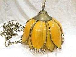 14 Retro Vintage Tulip Flower Petal Hanging Swag Lamp Faux Stained Glass Yellow