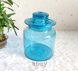 1930s Vintage Blue Glass Jar Pot With Unique Lid Retro Kitchen Decorative GS83