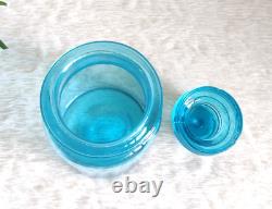 1930s Vintage Blue Glass Jar Pot With Unique Lid Retro Kitchen Decorative GS83