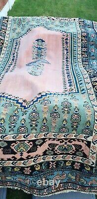 1970s large Turkish Kilim Rug vintage wool decor pink green blue antique boho