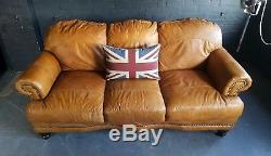2024. Chesterfield Leather vintage & distressed 3 Seater Sofa tan brown Courier