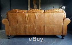 2024. Chesterfield Leather vintage & distressed 3 Seater Sofa tan brown Courier