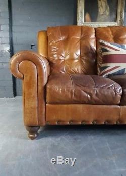 2040. Chesterfield Leather vintage & distressed 3 Seater Sofa brown Tan Courier