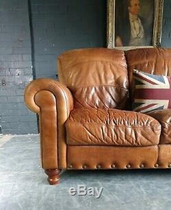 2048. Chesterfield Leather vintage & distressed 3 Seater Sofa tan brown Courier