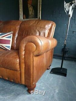 2048. Chesterfield Leather vintage & distressed 3 Seater Sofa tan brown Courier
