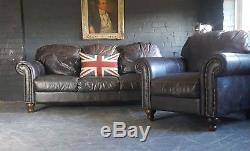 2075 Chesterfield Vintage 3 Seater Leather Club Sofa & Matching Chair Grey Green