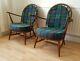 2 Antique Dark Wooden Ercol Chairs Occasional Accent Fireplace With Cushions