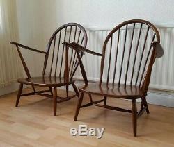 2 Antique dark wooden Ercol chairs Occasional Accent fireplace with cushions