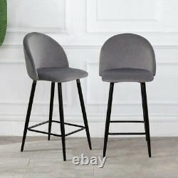 2 Grey Velvet Bar Stools Breakfast Stool Kitchen Pub Chairs 65/75 cm Seat High