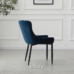 2 Pcs Blue Velvet Dining Chair Lounge Chair with Metal Black Legs
