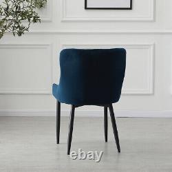 2 Pcs Blue Velvet Dining Chair Lounge Chair with Metal Black Legs