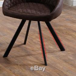 2× Retro Brown Dining Chairs Luxury Faux Leather Armchairs with Black Metal Legs