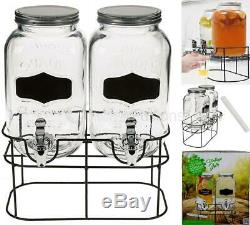 2 x 4L DOUBLE GLASS DRINK DISPENSER JAR COCKTAIL TAPS PUNCH JUICE WITH STAND