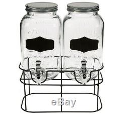 2 x 4L DOUBLE GLASS DRINK DISPENSER JAR COCKTAIL TAPS PUNCH JUICE WITH STAND