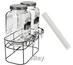 2 x 4L DOUBLE GLASS DRINK DISPENSER JAR COCKTAIL TAPS PUNCH JUICE WITH STAND