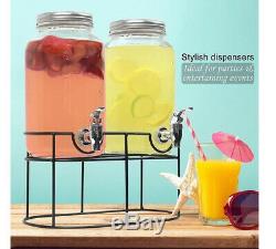 2 x 4L DOUBLE GLASS DRINK DISPENSER JAR COCKTAIL TAPS PUNCH JUICE WITH STAND