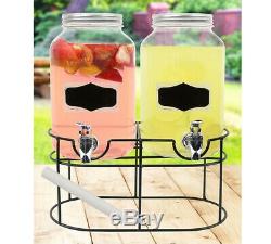 2 x 4L DOUBLE GLASS DRINK DISPENSER JAR COCKTAIL TAPS PUNCH JUICE WITH STAND