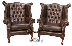2 x Chesterfield Vintage Queen Anne High Back Wing Chairs English Brown Leather