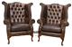 2 X Chesterfield Vintage Queen Anne High Back Wing Chairs English Brown Leather