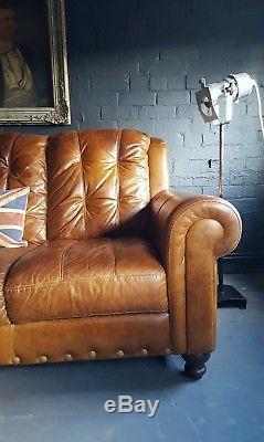 308 Chesterfield Leather vintage & distressed 3 Seater Sofa tan brown Courier av