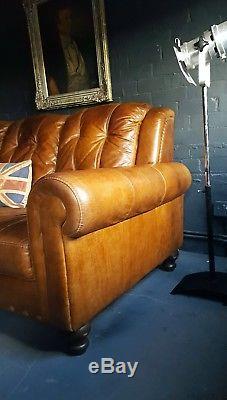 308 Chesterfield Leather vintage & distressed 3 Seater Sofa tan brown Courier av