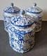 3 Arthur Wood Vintage Spongeware Kitchen Storage Canister Jars Saxony Blue White