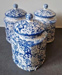 3 Arthur Wood Vintage Spongeware Kitchen Storage Canister Jars SAXONY Blue White