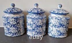 3 Arthur Wood Vintage Spongeware Kitchen Storage Canister Jars SAXONY Blue White