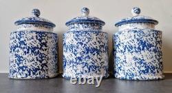 3 Arthur Wood Vintage Spongeware Kitchen Storage Canister Jars SAXONY Blue White