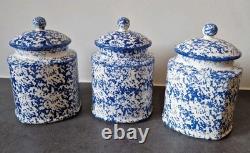 3 Arthur Wood Vintage Spongeware Kitchen Storage Canister Jars SAXONY Blue White