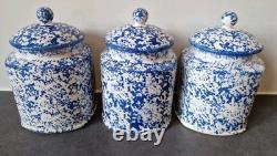 3 Arthur Wood Vintage Spongeware Kitchen Storage Canister Jars SAXONY Blue White