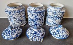 3 Arthur Wood Vintage Spongeware Kitchen Storage Canister Jars SAXONY Blue White