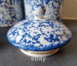 3 Arthur Wood Vintage Spongeware Kitchen Storage Canister Jars SAXONY Blue White