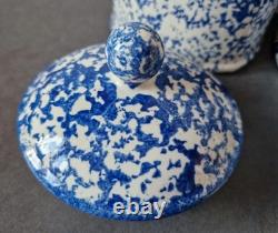 3 Arthur Wood Vintage Spongeware Kitchen Storage Canister Jars SAXONY Blue White