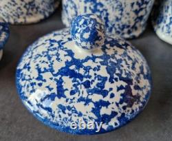 3 Arthur Wood Vintage Spongeware Kitchen Storage Canister Jars SAXONY Blue White