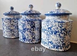 3 Arthur Wood Vintage Spongeware Kitchen Storage Canister Jars SAXONY Blue White