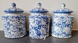 3 Arthur Wood Vintage Spongeware Kitchen Storage Canister Jars SAXONY Blue White