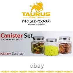 3 Pc Master Cook Glass Canister Set Metal LID Stogare Jar Tea Coffee Containers