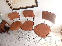 3 Retro Vintage Chrome Upholstered Bar Stools Original 1970's Brown Padded Seat