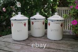 3 Vintage French Enamel Kitchen Canisters Made by Japy 1930s