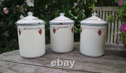 3 Vintage French Enamel Kitchen Canisters Made by Japy 1930s