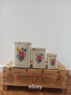 3 Vintage Retro Antique French Kitchen Nesting Enamel Cannisters Metal Art Decor