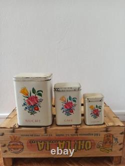 3 Vintage Retro Antique French Kitchen Nesting Enamel Cannisters Metal Art Decor